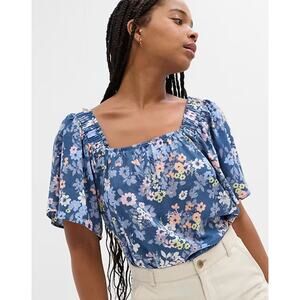 Gap | Blue Floral Square-Neck Flutter-Sleeve Flowy Top Women's Small
